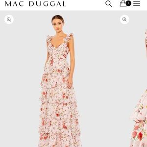 Mac Duggal Pink and Red Tiered dress. Pink ruffled sleeveless draped tiered gown